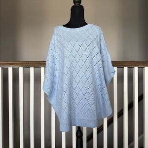 NWT Talbots Blue Cable Knit Button Shoulder Sweater Poncho L Cottagecore Coastal